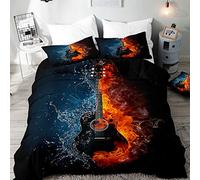 Surwin Bedding Set Microfiber 3pcs for Double Single Size, 3D Guitar Duvet Cover Set with Music Printing Quilt Cover & 2 Pillowcases for King Super King Adult Kids (Water & fire,180x220cm)