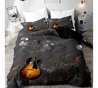 Surwin Bedding Set Microfiber 3pcs for Double Single Size, 3D Guitar Duvet Cover Set with Music Printing Quilt Cover & 2 Pillowcases for King Super King Adult Kids (Grey,Single 135x200cm)