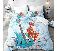 Surwin Bedding Set Microfiber 3pcs for Double Single Size, 3D Guitar Duvet Cover Set with Music Printing Quilt Cover & 2 Pillowcases for King Super King Adult Kids (Blue,Double 200x200cm)