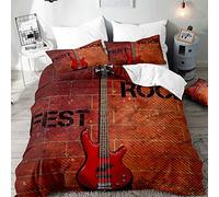 Surwin Bedding Set Microfiber 3pcs for Double Single Size, 3D Guitar Duvet Cover Set with Music Printing Quilt Cover & 2 Pillowcases for King Super King Adult Kids (Rock'n' roll,Double 200x200cm)