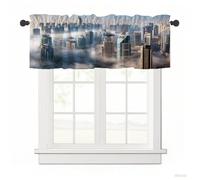 Surwin Blackout Short Curtains for Small Windows, 3D City Series Cafe Curtain Kitchen Curtains Rod Pocket 1 Panel Valance for Living Room Bedroom Bathroom (Fog City,137x45cm)