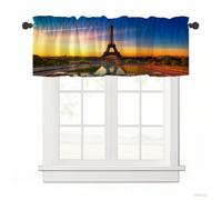 Surwin Blackout Short Curtains for Small Windows, 3D City Series Cafe Curtain Kitchen Curtains Rod Pocket 1 Panel Valance for Living Room Bedroom Bathroom (Eiffel Tower,137x45cm)