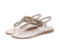Surwin Bohemian Sandals for Women,Flat Toe Post Walking Sandals Women Size 3.5-8, Artificial Stones Flower Casual Comfortable Ladies Flat Summer Shoes with Elastic Ankle Strap (Champagne Color,8)