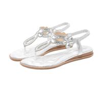 Surwin Bohemian Sandals for Women,Flat Toe Post Walking Sandals Women Size 3.5-8, Artificial Stones Flower Casual Comfortable Ladies Flat Summer Shoes with Elastic Ankle Strap (Silver Color,4.5)