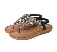 Surwin Bohemian Sandals for Women, Flat Toe Post Walking Sandals Women Size 4-7.5, Ethnic Style Rhinestone Casual Comfortable Ladies Flat Summer Shoes with Elastic Ankle Strap (Black,7)