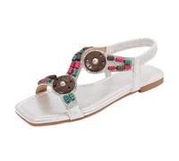 Surwin Bohemian Sandals for Women,Summer Flat Walking Sandals Women Size 3.5-8, Ethnic Style Casual Comfortable Ladies Flat Summer Shoes with Elastic Ankle Strap for Vacation (Silver Color,4.5)