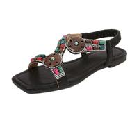 Surwin Bohemian Sandals for Women,Summer Flat Walking Sandals Women Size 3.5-8, Ethnic Style Casual Comfortable Ladies Flat Summer Shoes with Elastic Ankle Strap for Vacation (Black,6)