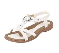 Surwin Bohemian Sandals for Women, Summer Flat Walking Sandals Women Size 4-7.5, Rhinestone Artificial Stones Casual Ladies Flat Summer Shoes with Elastic Ankle Strap (White A,4.5)