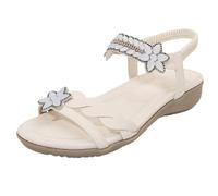 Surwin Bohemian Sandals for Women, Summer Flat Walking Sandals Women Size 4-7.5, Rhinestone Artificial Stones Casual Comfortable Ladies Flat Summer Shoes with Elastic Ankle Strap (Cream White,6)