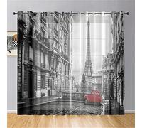 Surwin City View Print Curtains for Bedroom, 2 Panels Net Curtains for Windows, Semi Transparent Eyelet Voile Curtain, Living Room Balcony Decorative Sheer Curtains (W55xL96Inch,London)