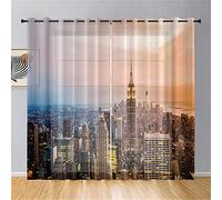 Surwin City View Print Curtains for Bedroom, 2 Panels Net Curtains for Windows, Semi Transparent Eyelet Voile Curtain, Living Room Balcony Decorative Sheer Curtains (W42xL84Inch,Orange city)