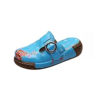Surwin Clogs Women Men, Ethnic Style Slip On Leather Cork Footbed, Summer Non-Slip Sole Beach Clogs, Soft Wide Fit Sandals for Women, Ladies Sandals for Backless Kitchen Garden (Blue,7)