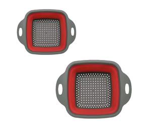 Surwin Collapsible Colanders, 2 PCS Square Silicone Colander, Foldable Filter Drain Baskets, Kitchen Strainer for Draining Fruits Pasta Vegetable Colanders (Red)