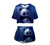 Surwin Crop Top T-Shirts and Shorts Clothes Set Two Piece Suit for Girls and Women Sportswear 2 Pieces Sports Workout Running Tracksuit Summer Casual Clothes (XXS,Panda A)