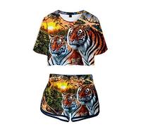 Surwin Crop Top T-Shirts and Shorts Clothes Set Two Piece Suit for Girls and Women Sportswear 2 Pieces Sports Workout Running Tracksuit Summer Casual Clothes (M,Tiger 2)