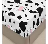 Surwin Double Fitted Sheet Cow Print Fitted Bed Sheets, Soft Brushed Microfiber Fitted Sheets, 30cm Deep Pocket, Easy Care Fade Resistant Cute Cartoon Bedsheets