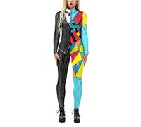 Surwin Halloween Women's Creative Funny Catsuit Outfits Ladies 3D Printed Long Sleeve Skinny Stretch Fancy Dress Up Cosplay Adults Jumpsuit Bodysuit (Stitching Suit,S)