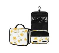 Surwin Hanging Toiletry Bag Travel Wash Bag for Women Men, Plant Printed Large Cosmetic Dopp Kit with 4 Compartments Foldable Toiletries Organizer with Hook (Yellow Flowers,22.5x18.5x7cm)