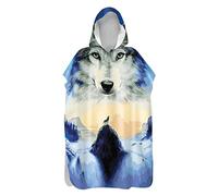 Surwin Hooded Beach Towel Poncho for Adult Kids, Animals Printing Hooded Microfiber Changing Robe Hooded Robe Bathrobe Summer Beach Towel Surfing Travel Swimming (Wolf Howl,60 * 110cm)
