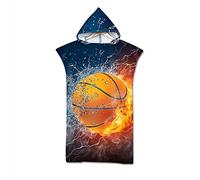 Surwin Hooded Beach Towel Poncho for Adult Unisex, Modern Printing Hooded Microfiber Changing Robe Hooded Robe Bathrobe Swimming Summer Surfing Beach Towel Travel (Basketball Fire,75x110cm)