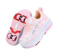 Surwin Kids Roller Skate Shoes for Girl Boy, Love Pattern Four Wheels Trainer Roller Skates Adult Teenager Unisex with Retractable Rear Wheels, Outdoor Running Sneakers (Pink,3.5)