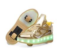 Surwin Kids Roller Skate Shoes for Girl Boy, PU Bright Breathable Lace-up Trainer Roller Skates Adult Teenager with Retractable Rear Wheels, Lightweight Outdoor Running Sneakers (Gold,13)