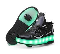 Surwin Kids Roller Skate Shoes for Girl Boy, PU Bright Breathable Lace-up Trainer Roller Skates Adult Teenager with Retractable Rear Wheels, Lightweight Outdoor Running Sneakers (Black,4)