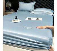 Surwin King Double Single Fitted Sheets, Satin Embroidery Solid Color Microfibre Fitted Bed Sheets, 25cm Deep Pocket Fitted Sheet, Soft Bedsheets (Light blue,200x220cm)