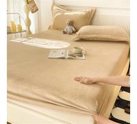 Surwin King Double Single Fitted Sheets, Solid Color Thicken Crystal Velvet Fitted Bed Sheets, 25cm Deep Pocket Fitted Sheet, Soft Anti-Slip Bedsheets (Khaki,150x200+25cm)