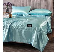 Surwin Luxury Quilted Bedspread, Silky Washed Silk Fabric Coverlets Quilt, Plain Single Double King Size Lightweight Easy Care Throws Blanket Patchwork Bed Sheet (Light Blue,180x200cm)