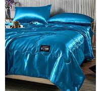 Surwin Luxury Quilted Bedspread, Silky Washed Silk Fabric Coverlets Quilt, Plain Single Double King Size Lightweight Easy Care Throws Blanket Patchwork Bed Sheet (Blue,180x200cm)