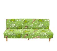 Surwin Modern Stretch Armless Sofa Bed Cover, Christmas Style Washable Non Slip Futon Slipcover Protector for 2 Seater/3 Seater Folding Sofa Bed without Armrests (Green tree,S:120-150cm)