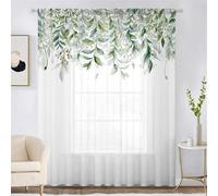 Surwin Net Curtains for Windows, 1 Panels Voile Curtain Series with Eyelets, Romantic Flowers Pastoral Semi Transparent Lightweight Voile Panel for Living Room Bedroom Balcony (Green 2,W132xH45cm)