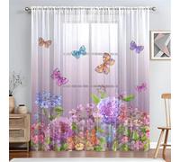 Surwin Net Curtains for Windows, Voile Curtain, 1 Panels Romantic Butterfly Print with Eyelets, Semi Transparent Lightweight Voile Panel for Living Room Bedroom Balcony (Pastoral,W132xH160cm)