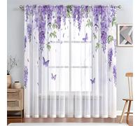 Surwin Net Curtains for Windows, Voile Curtain, 1 Panels Romantic Butterfly Print with Eyelets, Semi Transparent Lightweight Voile Panel for Living Room Bedroom Balcony (Wisteria,W132xH213cm)