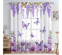 Surwin Net Curtains for Windows, Voile Curtain, 1 Panels Romantic Butterfly Print with Eyelets, Semi Transparent Lightweight Voile Panel for Living Room Bedroom Balcony (Butterfly,W132xH160cm)