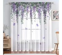 Surwin Net Curtains for Windows, Voile Curtain, 1 Panels Romantic Butterfly Print with Eyelets, Semi Transparent Lightweight Voile Panel for Living Room Bedroom Balcony (Lavender,W132xH45cm)