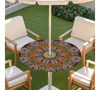 Surwin Outdoor Round Tablecloth with Parasol Umbrella Hole Zipper Bohemia, Elastic Edge Fitted Protector Round Table Cloth Waterproof Table Cover for Garden BBQ Party (Exotic,L(114-137cm)