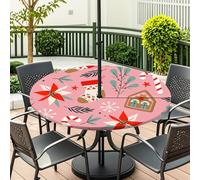 Surwin Outdoor Round Tablecloth with Parasol Umbrella Hole Zipper, Elastic Edge Fitted Protector Geometry Round Table Cloth Waterproof Table Cover for Garden BBQ Party (Pink,M(91-112cm)