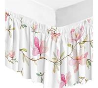 Surwin Pleated Bed Valance Sheet Single Double King Size Flower Printed Bed Base Wrap Extra Deep Frilled Fitted Valance Sheet Easy Care Bed Skirt Soft Microfibre Breathable (100x200x38cm,Plants)