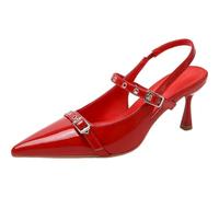 Surwin Pointed Toe Slingback Heels,Ladies Summer Kitten Heels Pumps Shoes 7cm UK 3.5-6 with Elastic Band Comfortable Fashion Elegant Closed Pointed Toe Heeled for Dress Wedding (Red A,3.5)