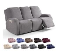 Surwin Recliner Chair Cover 1/2/3 Seater, Stretch Recliner Sofa Covers with Pockets, Soft Elastic Slipcovers Protector (3-Seater, Light Grey)