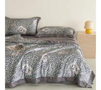 Surwin Satin Quilted Bedspread Silk Like Silky Bedding Reversible Single Double King Size Soft Polyester Silk Coverlet Cooling Bed Throws Elegant Modern Summer Quilt (Gray leopard,180x200cm)