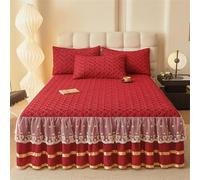 Surwin Single Double King Size Fitted Sheets, Elegant Solid Color Quilting All-Inclusive Fitted Sheet with Frill Skirt, Soft Microfibre Valance Bed Skirt, Fit Over Mattress (Red,150x200cm)
