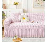 Surwin Stretch Sofa Cover 1 2 3 4 Seater, Solid Color Sofa Slipcover with Skirt Elastic Fit Non Slip Couch Cover Washable Thick Furniture Protector for Living Room Pets Cats (Pink,3 Seater)
