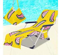 Surwin Sun Lounger Beach Towel with Pockets, Tropical Fruit Print 3D Summer Beach Chair Cover Chaise Lounge Towel Cover Mate Sunbed Towels For Holiday Garden Outdoor Pool (75x210cm,Yellow)