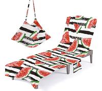 Surwin Sun Lounger Beach Towel with Pockets, Watermelon Fruit Print 3D Summer Beach Chair Cover Chaise Lounge Towel Cover Mate Sunbed Towels For Holiday Garden Outdoor Pool (75x210cm,Stripe)