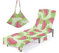 Surwin Sun Lounger Beach Towel with Pockets, Watermelon Fruit Print 3D Summer Beach Chair Cover Chaise Lounge Towel Cover Mate Sunbed Towels for Holiday Garden Outdoor Pool (75x210cm,Monstera)