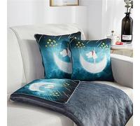 Surwin Travel Blanket and Pillow 2 in 1, Aldult Airplane Blanket Warm Flannel Blanket Super Soft Plush Reversible Printed Cushion for Sofa Bed Office Rest - Travel Must Have (Moon,150x200cm)