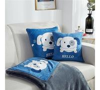 Surwin Travel Blanket and Pillow 2 in 1, Aldult Airplane Blanket Warm Flannel Blanket Super Soft Plush Reversible Printed Cushion for Sofa Bed Office Rest - Travel Must Have (Blue Puppy,150x200cm)